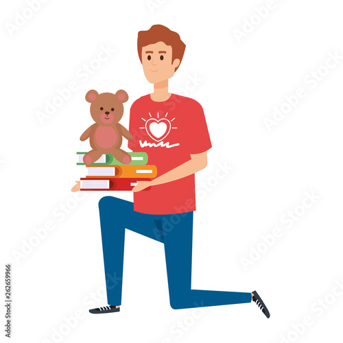 man volunteer with books and bear teddy