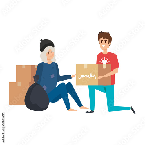 man volunteer giving a homeless woman donations box