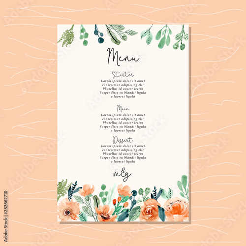 wedding menu card with watercolor floral border