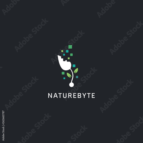 Digital technology logo style, nature byte plant logo icon symbol with abstract byte illustration