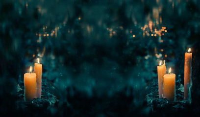 fabulous Night forest and magic candles. mysterious fairy scene. witchcraft ritual. fall season natural Background. Samhain, Halloween holiday concept. copy space