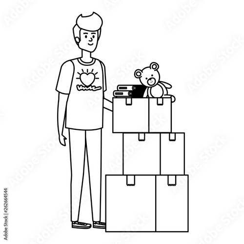 young man volunteer with donations boxes