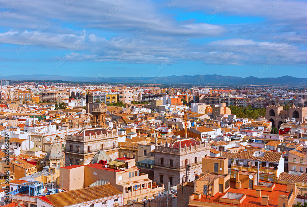 Panoramic view on Valencia, Spain. Dense urban planning of historic European city center.