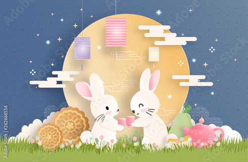 Mid Autumn Festival with paper cut style vector illustration.