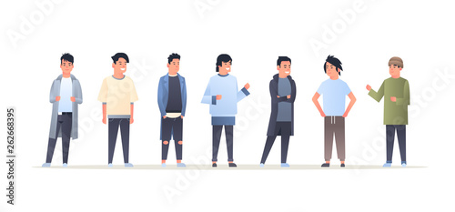 young asian men group wearing casual clothes happy attractive guys standing together chinese or japanese male cartoon characters full length flat horizontal