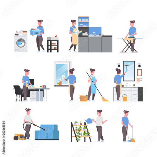 set housewife doing housework different housecleaning concepts collection female cartoon characters full length flat white background