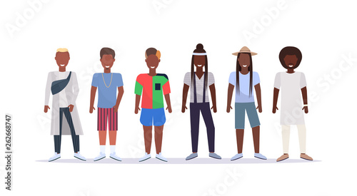 happy casual men standing together smiling african american guys with different hairstyles wearing trendy clothes male cartoon characters full length flat white background horizontal