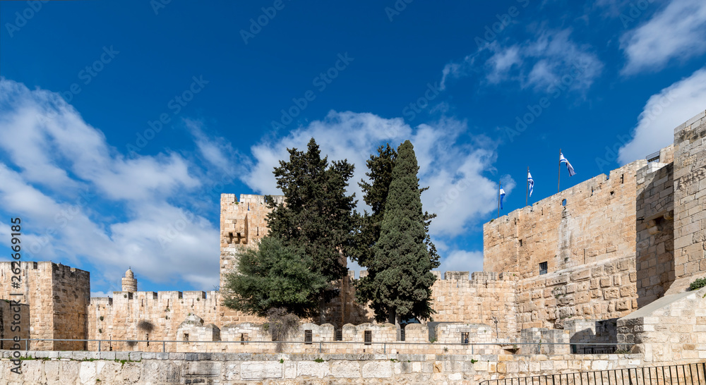 Ancient fortified wall in old Jerusalem holy city, Israel
