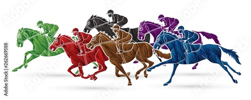 Group of Jockeys riding horse, sport competition cartoon sport graphic vector