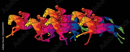 Group of Jockeys riding horse, sport competition cartoon sport graphic vector