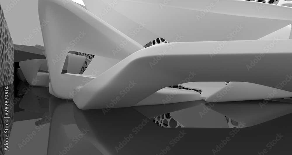 Abstract dynamic interior with black smooth objects. 3D illustration and rendering