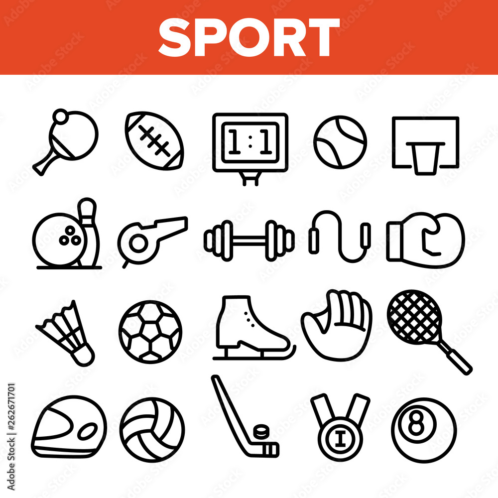 Sports Games Equipment Linear Vector Icons Set. Sport Activities Thin Line Contour Symbols Pack. Team Games Pictograms Collection. Healthy Lifestyle. Professional Sportsmanship Outline Illustrations