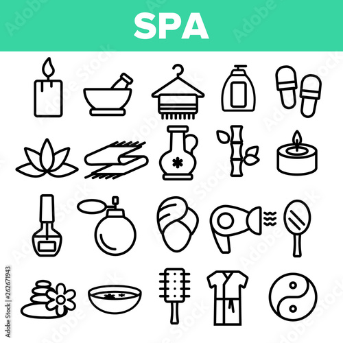 Spa Beauty Service Linear Vector Icons Set. Spa Treatments Thin Line Contour Symbols. Asian Therapy, Alternative Medicine, Relaxation, Massage, Aromatherapy. Beauty Salon Items Outline Illustrations