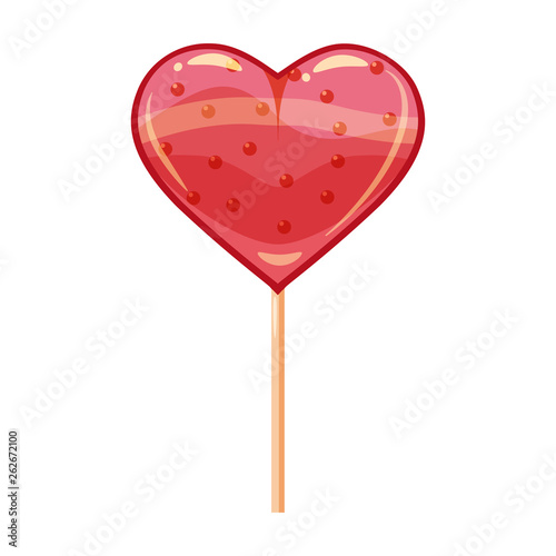 Heart shaped lollipop dessert icon on stick. Sweet food icon