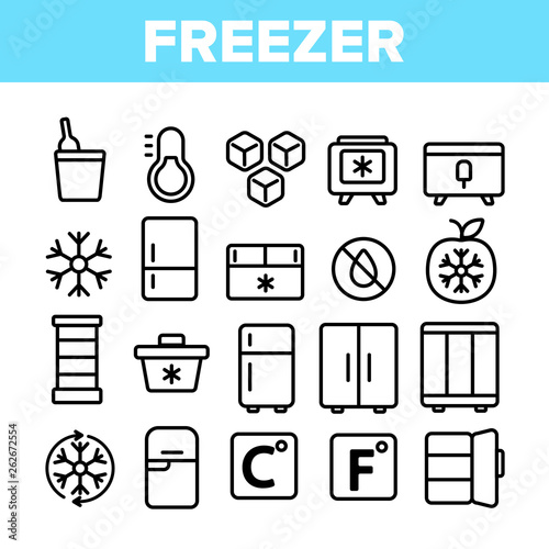 Freezer, Cooling Appliance Linear Vector Icons Set. Frosting and Icing Thin Line Contour Symbols. Cold Storage Pictograms. Refrigerator, Fridge, Ice Chest. Deep Freeze Outline Illustrations Pack