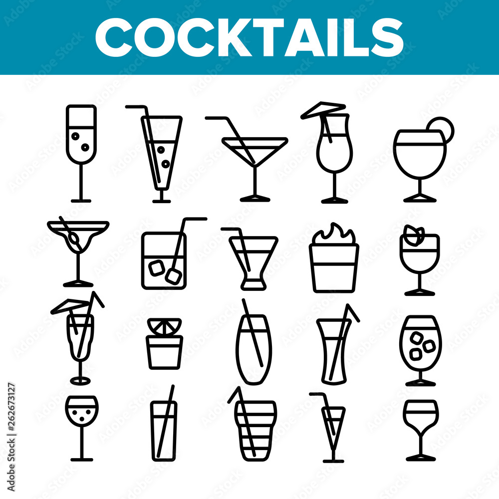 Cocktails, Alcohol and Soft Drinks Linear Icons Set. Alcoholic ...