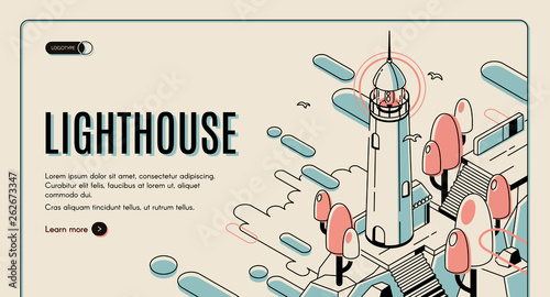 Lighthouse building and seagulls on retro colored background. Nautical theme banner, marine logistics, seaport and traveling. Isometric vector illustration in line art style, landing page template