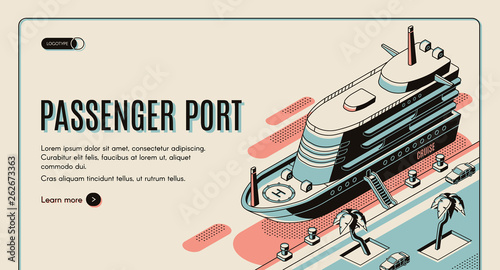 Passenger port isometric vector web banner template. Cruise ship with lowered ladder, moored to pier in tropical country line art illustration. Vacation pleasure voyage, nautical journey landing page