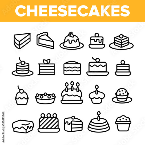 Sweet Cheesecakes, Bakery Linear Vector Icons Set. Pastry Thin Line Contour Symbols Pack. Birthday Party Cakes, Biscuits, Pies. Dessert Cookies. Confectionery Outline Illustrations Collection