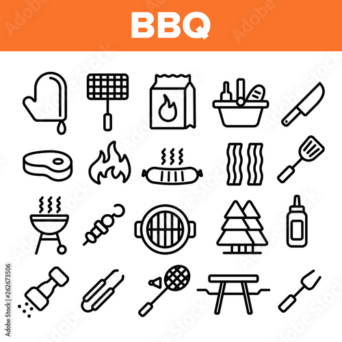 BBQ Equipment, Tools Linear Vector Icons Set. Barbecue Thin Line Contour Symbols Pack. BBQ Cooking Pictograms Collection. Outdoor Leisure, Picnic, Hiking Concept. Grill Cooking Outline Illustrations