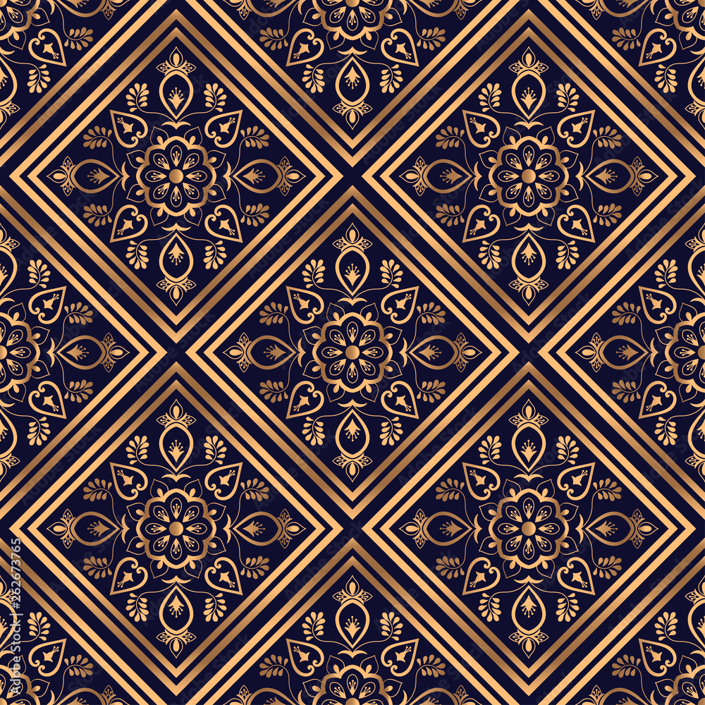 Luxury royal pattern seamless vector. Golden arabesque tile background. Navy gold design for beauty spa, wedding party, yoga wallpaper, gift packaging, wrapping paper, backdrop.