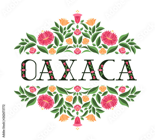 Oaxaca, Mexico illustration vector. Background with traditional flowers pattern from mexican embroidery floral ornament design. photo