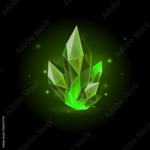 Magic Green Crystal with Sparkle. Decoration icon for Games. Cartoon crystals Illustration. Stone Healing Energy on Black Background