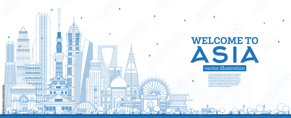 Outline Welcome to Asia Skyline with Blue Buildings. Outline Welcome to Asia Skyline with Blue Buildings.