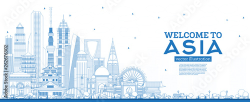 Outline Welcome to Asia Skyline with Blue Buildings.