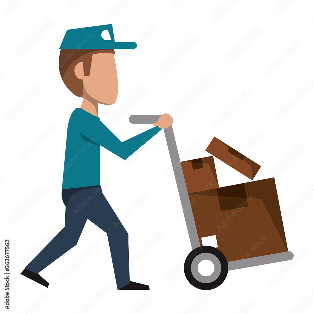 Courier pushing handtruck with boxes Courier pushing handtruck with boxes