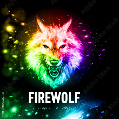 Head of Aggressive Woolf in Fire and Sparks. Concept Image of a Rainbow color Wolf and Flame on a Black Background