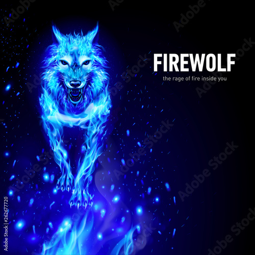 Aggressive Fire Woolf in Sparks. Concept Image of a Blue Wolf and Flame on a Black Background