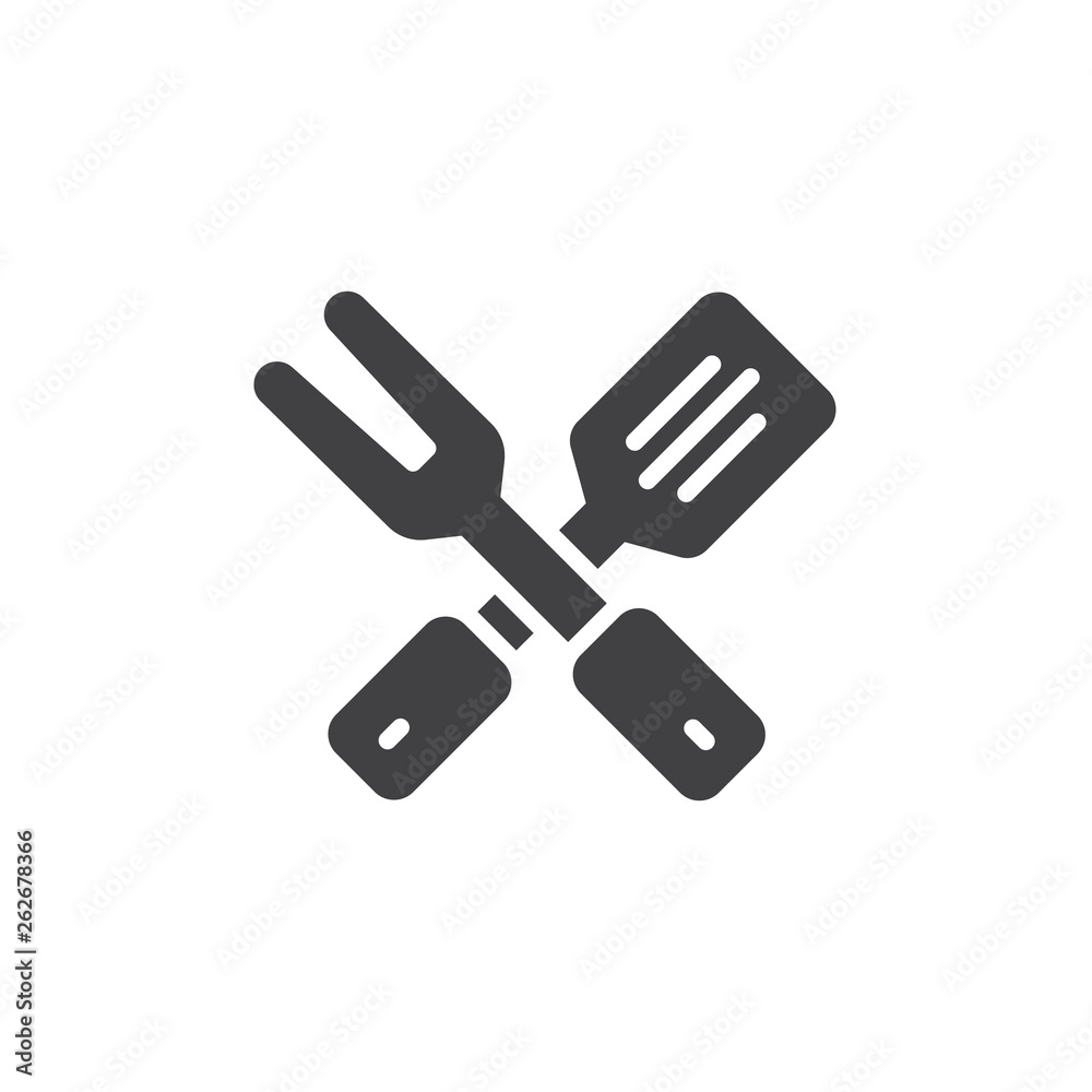 Crossed BBQ fork and spatula vector icon. filled flat sign for mobile concept and web design. Barbecue cutlery glyph icon. Symbol, logo illustration. Pixel perfect vector graphics