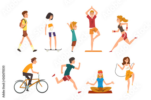 People doing physical activity outdoors, men, women and kids running, walking, skateboarding, cycling and practicing yoga in the park, fitness and healthy lifest.yle vector Illustration