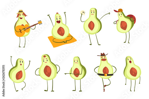 Avocado cartoon characters set, emotional avocados in different situations vector Illustration on a white background