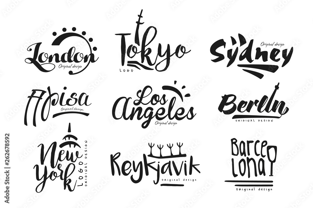 Names of cities, London, Tokyo, Sydney, Pisa, Los Angeles, Berlin, New York, Reykjavik, Barcelona, city lettering design hand drawn vector Illustration - obrazy, fototapety, plakaty 