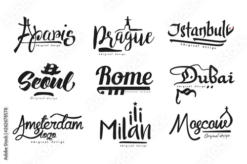 Names of cities, Paris, Prague, Istanbul, Seoul, Rome, Dubai, Amsterdam, Milan, Moscow, city lettering design hand drawn vector Illustration