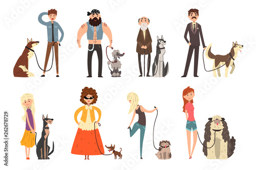 People walking with their dogs set, owners and their pets vector Illustration on a white background