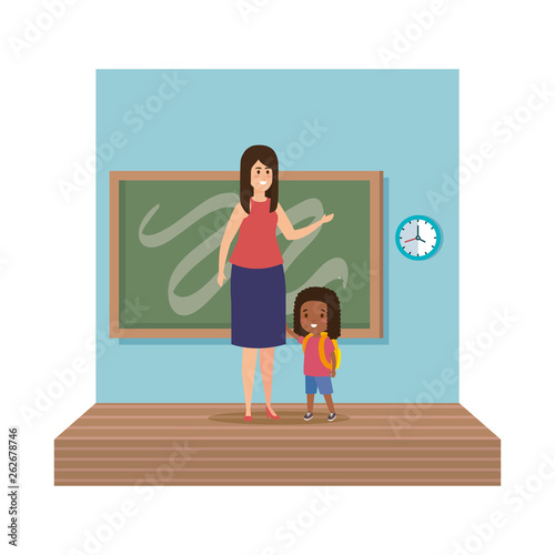 young teacher female with schoolgirl classroom scene