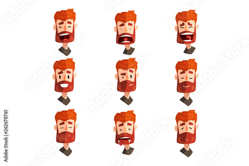 Redhead bearded man with emotional face set, male avatar with facial expression vector Illustrations on a white background