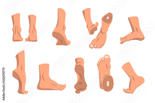 Human foot in various positions set, different views of male feet vector Illustrations on a white background