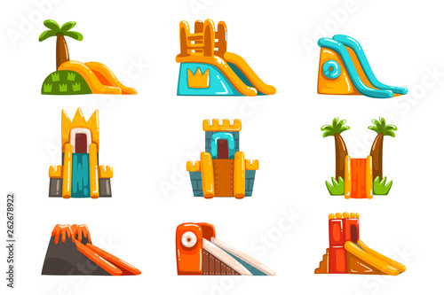 Inflatable slides set, summer amusement park bouncy equipment vector Illustrations on a white background