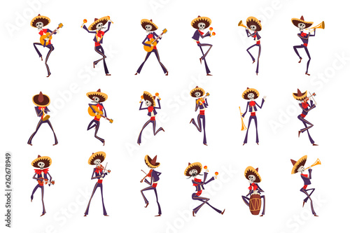 Skeleton in Mexican national costumes dancing and playing guitar, trumpet, maraca, Dia de Muertos, Day of the Dead vector Illustrations on a white background