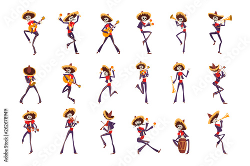 Skeleton in Mexican national costumes dancing and playing guitar, trumpet, maraca, Dia de Muertos, Day of the Dead vector Illustrations on a white background