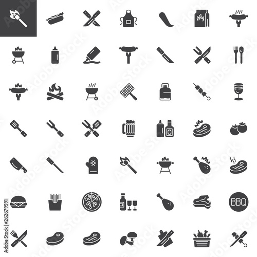 BBQ party time vector icons set, modern solid symbol collection, filled style pictogram pack. Signs, logo illustration. Set includes icons as Barbecue grill, Beef steak meat, Grilled chicken, Sausage