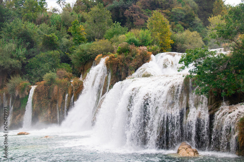 waterfall and blue lake in Croatian National Park Krk