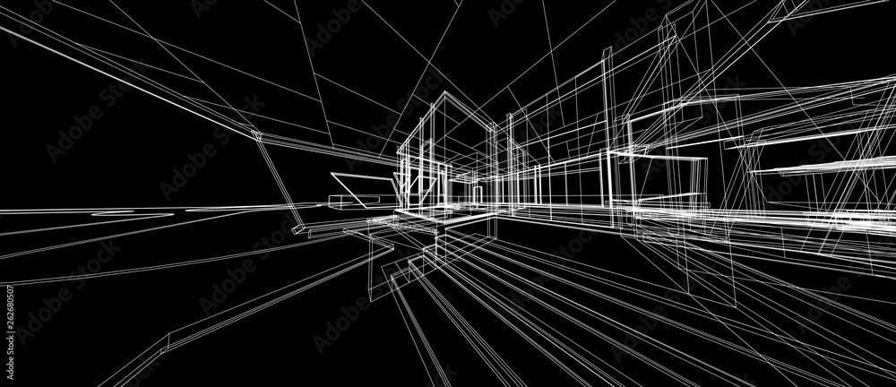 Architecture design concept 3d perspective wire frame rendering black background