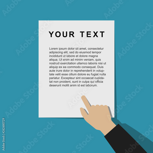 Pointing hand with template document in flat style.