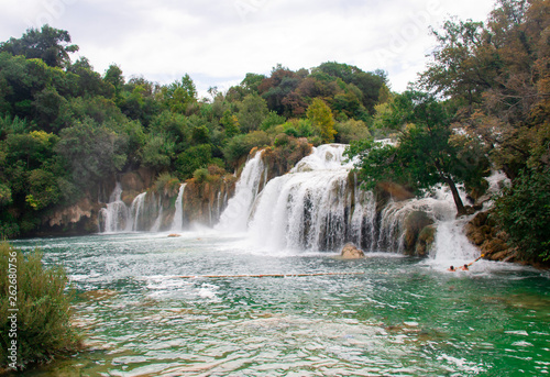 beautiful waterfall and blue lake in Croatian National Park Krk  a favorite vacation spot