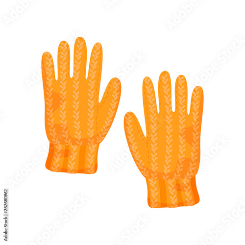 Knitted orange gloves on a white background. Vector illustration.